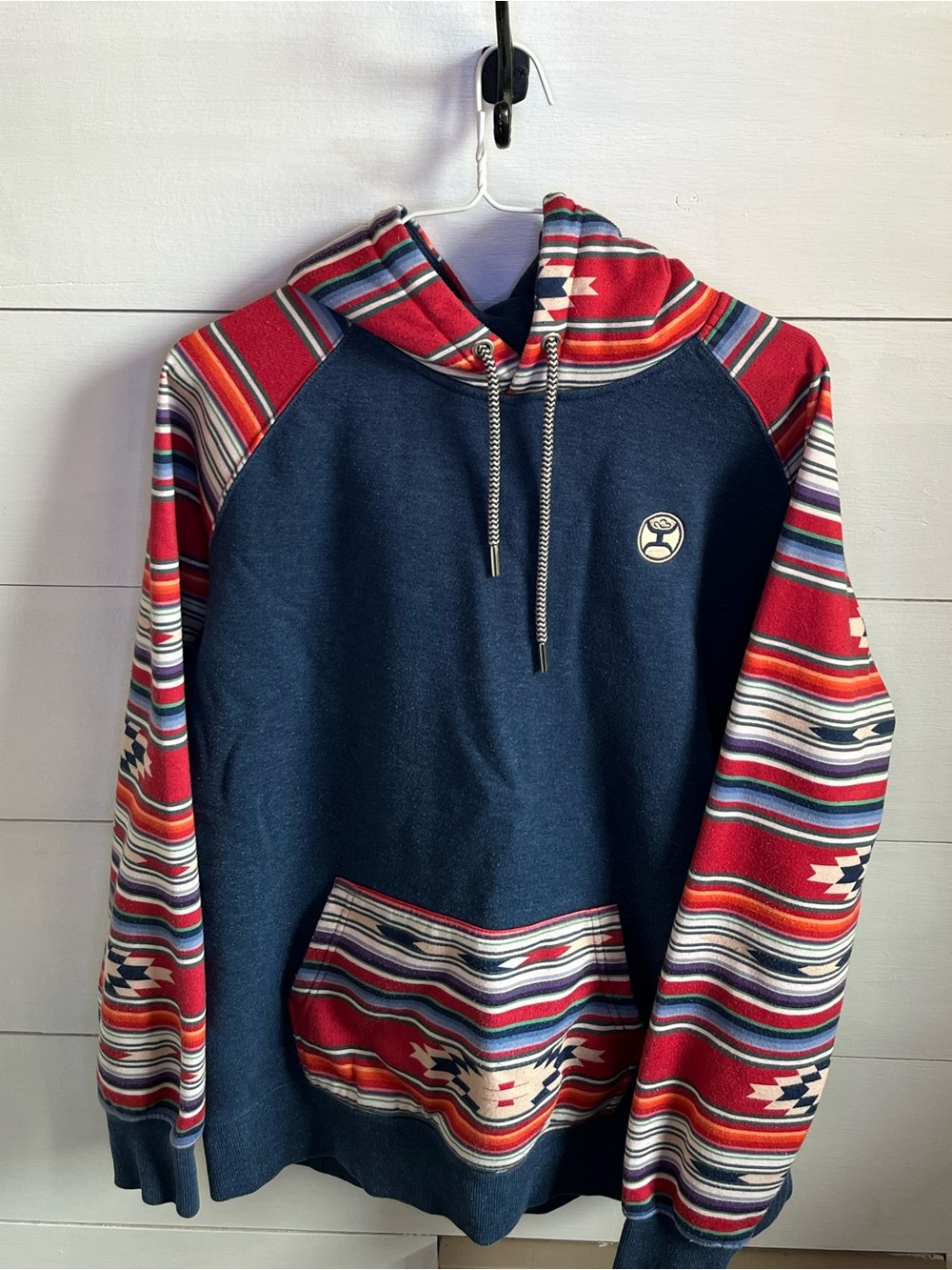 Hooey Blue Pullover Hoodie with Multicolor Stripe Trim